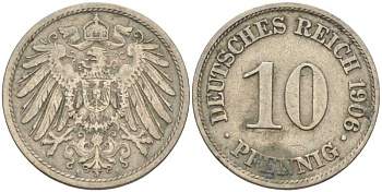 ГЕРМАНИЯ 10 ПФЕННИГОВ 1906 A KM 12, J. 13 медно-никель 34-856