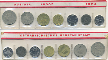 Австрия набор из 7 монет  1974  2, 5, 10, 50 грошей, 1, 5, 10 шиллингов, в целлофане KM PS 30 PROOF 4399-4-1