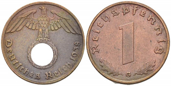 ГЕРМАНИЯ 1 РЕЙХСПФЕННИГ 1938 G KM 89, J. 361 бронза 4523-253