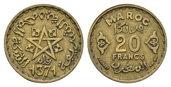 Марокко 20 франков 1952 АН 1371, Мухаммед V (1346-1381) (1927-1962), французский протекторат Y 50 медь алюминий никель 4675-127