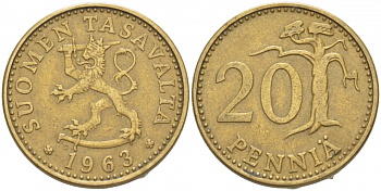 ФИНЛЯНДИЯ 20 ПЕННИ 1963 S ПЕРВЫЙ ГОД KM 47 алюминиевая бронза 3718-1155