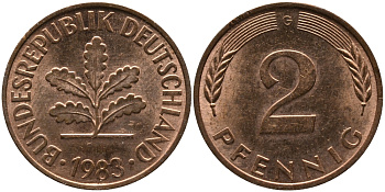 ФРГ 2 ПФЕННИГА 1983 G KM 106а, J.381а сталь плакированная сталь плакированная медьюю 33-243