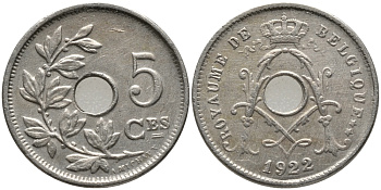БЕЛЬГИЯ 5 САНТИМОВ 1922 BELGIQUE KM 66 медно-никель 76-529