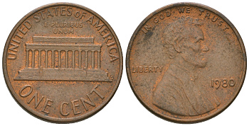 США 1 цент 1980 Авраам Линкольн KM 201 медь цинк 4615-1261