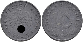 ГЕРМАНИЯ 10 РЕЙХСПФЕННИГОВ 1943 F KM 101, J. 371 цинк 4401-545