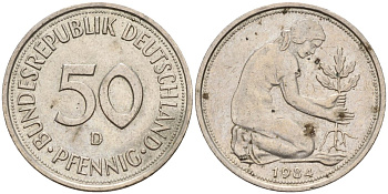 ФРГ 50 пфеннигов 1984 D KM 109, J. 384 медно-никель 4596-825