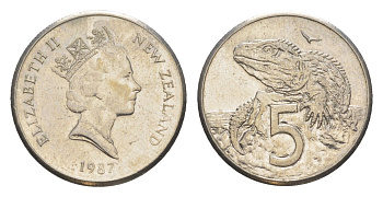 Новая Зеландия 5 центов 1987 Елизавета II (1952-2022), ящерица гаттерия KM 60 медно-никель 4651-221