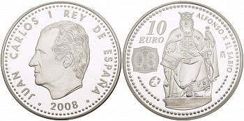 Испания 10 евро 2008 Альфонсо X Кастильский, мудрый, король Испании, астролог и астроном KM 1203 серебро  PROOF  00-00