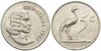 ЮАР 5 ЦЕНТОВ 1967 SUID, ПТИЧКА KM 67.2 никель 105-1022