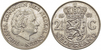 Нидерланды 2 1/2 гульдена 1961 Юлиана (1848-1980) KM 185 серебро 114-531