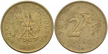 ПОЛЬША 2 ГРОША 1990 MW KM 277 латунь 214-754