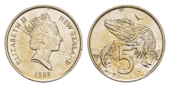 Новая Зеландия 5 центов 1988 Елизавета II (1952-2022), ящерица гаттерия KM 60 медно-никель 4651-222
