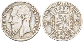 БЕЛЬГИЯ 50 САНТИМОВ 1899 ЛЕОПОЛЬД II (1865-1909) BELGES KM 26 серебро VF 206-117