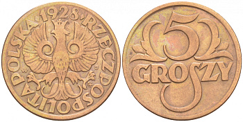 ПОЛЬША 5 ГРОШЕЙ 1928 w KM 10а бронза 100-952
