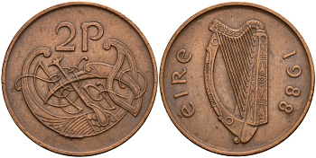 Ирландия 2 пенсов 1988 Виньетка в виде стилизованной птицы из второй библии Карла II Лысого KM 21 бронза 4140-312