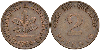ФРГ 2 пфеннига 1969 D J.381a KM 106a сталь плакированная медью    4598-758