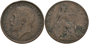 Великобритания 1/2 пенни 1917 Георг V (1910-1936) KM 809, Spink 4056 бронза 4161-742