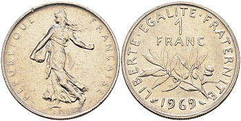 Франция 1 франк 1969 сеятель KM 925.1 никель    4177-252