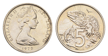 Новая Зеландия 5 центов 1970 Елизавета II (1952-2022), ящерица гаттерия, тираж 30.000 экземпляров KM 34 медно-никель BU 220-935