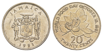 Ямайка 20 центов 1981 ФАО - WORLD FOOD DAY OCTOBER 16.1981 KM 120 медно-никель 4652-611