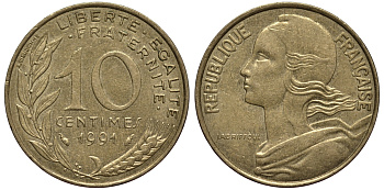 ФРАНЦИЯ 10 САНТИМОВ 1991 ТИП MARIANNE KM 929, LE FRANC 144.31 медь алюминий никель 4390-924