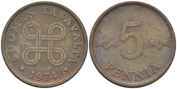 ФИНЛЯНДИЯ 5 ПЕННИ 1974 KM 45 медь 100-164