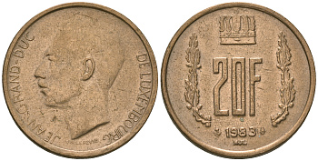 Люксембург 20 франков 1983 герцог Жан (1964-2000) KM 58 алюминиевая бронза 4448-733