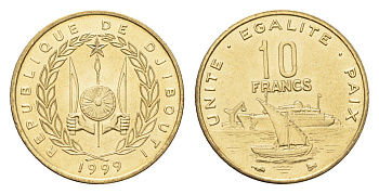 Джибути 10 франков 1999 KM 23 медь алюминий никель UNC 4669-527