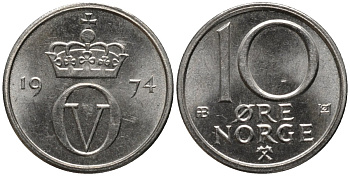 Норвегия 10 эре 1974 Улаф V (1958-1991) KM 416 медно-никель 206-459