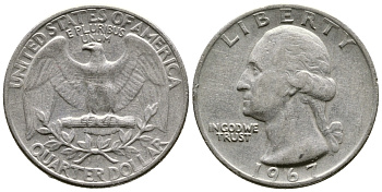 США 25 центов (квотер) 1967 Вашингтон KM 164а медь плакированная медно-никелем 4382-1043