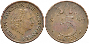НИДЕРЛАНДЫ 5 ЦЕНТОВ 1964 ЮЛИАНА KM 181 бронза 3856-1242