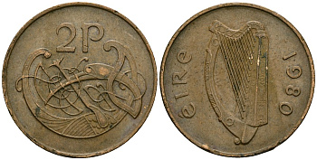 Ирландия 2 пенса 1980 виньетка в виде стилизованной птицы из Второй Библии Карла Лысого KM 21 бронза 4138-812