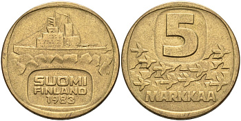ФИНЛЯНДИЯ 5 МАРОК 1983 N, ЛЕДОКОЛ "URHO" KM 57 алюминиевая бронза 217-636