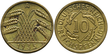 Германия 10 рейхспфеннигов 1935 A KM 40 алюминиевая бронза 4171-353