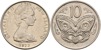 Новая Зеландия 10 центов 1977 Елизавета II (1952-2022), маска маори KM 41.1 медно-никель    4603-253