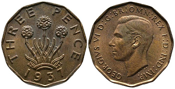 Великобритания 3 пенса 1937 Георг VI (1936-1952) KM 849, Spink 4112 никель латунь UNC 1518-942