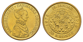 Дания 20 крон 2012 40 лет со дня коронации Королевы Маргреты II KM 945 алюминиевая бронза UNC 4650-1226