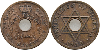 Нигерия 1 пенни 1959 Елизавета II (1952-), Британский протекторат KM 2 бронза 51-253