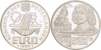 НИДЕРЛАНДЫ 20 ЕВРО 1996 (1596-1687) КОНСТАНТИН ГЮЙГЕНС серебро PROOF 1068-1-54