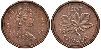 Канада 1 цент 1989 Елизавета II (1952-2022), кленовый лист KM 132 бронза  UNC  4588-1168