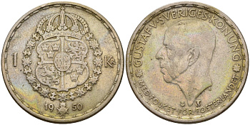 Швеция 1 крона 1950 TS, Густав VI Адольф (1950-1973) KM 814 серебро 4148-1127