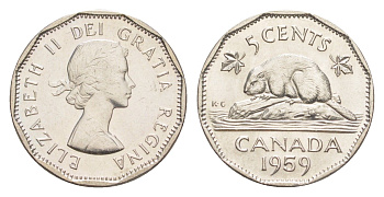 Канада 5 центов 1959 Елизавета II (1952-2022), бобр KM 50a никель aUNC 4639-436