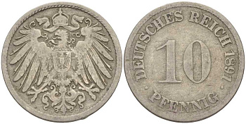ГЕРМАНИЯ 10 ПФЕННИГОВ 1891 D KM 12, J. 13 медно-никель 4401-1022