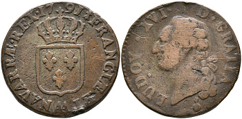 ФРАНЦИЯ 1 СУ 1791 АА, METZ, (1789-1793) BOMB, J. FR. LECLERC, ЛЮДОВИК XVI (1774-1793) KM 578.2 (C73.9) медь 32-236