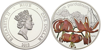 Ниуэ 1 доллар 2012 серия цветы, лилия леопардовая (Lilies Pardalinum), цветная эмаль KM NEW серебро PROOF 1080-3-53
