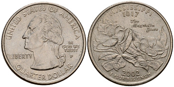 США 25 центов = квотер 2002 P, серия штаты США, Миссисипи KM 335 медь плакированная медно-никелем 4603-1145