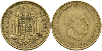 Испания 1 песета 1966 (70) Франсиско Франко (1939-1975) KM 796 алюминиевая бронза 4604-134