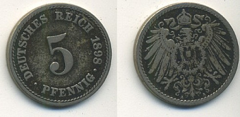 ГЕРМАНИЯ 5 ПФЕННИГОВ 1897 A, KM 11, J. 12 медно-никель 54-576