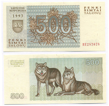 Литва 500 талонов 1993 волки, серия RE Pick 46, Сергеев 50 бумага UNC (пресс) 7148-21-3-1