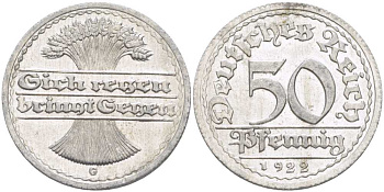 ГЕРМАНИЯ 50 ПФЕННИГОВ 1922 G KM 27, J. 301, Weege 10 алюминий 261-757